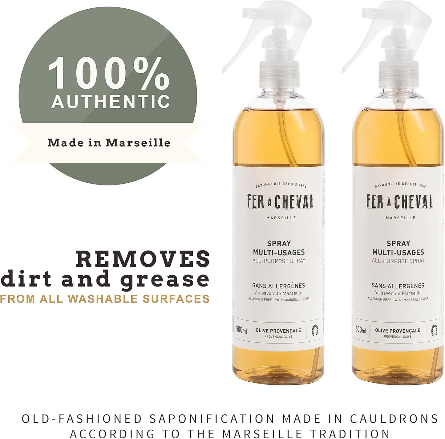 Fer à Cheval Versatile All Purpose Spray Cleaner | Provençal Olive Scent All Purpose Cleaner Spray | Allergen-Free Formula Natural Marseille Soap | 2 Pack - 500ml