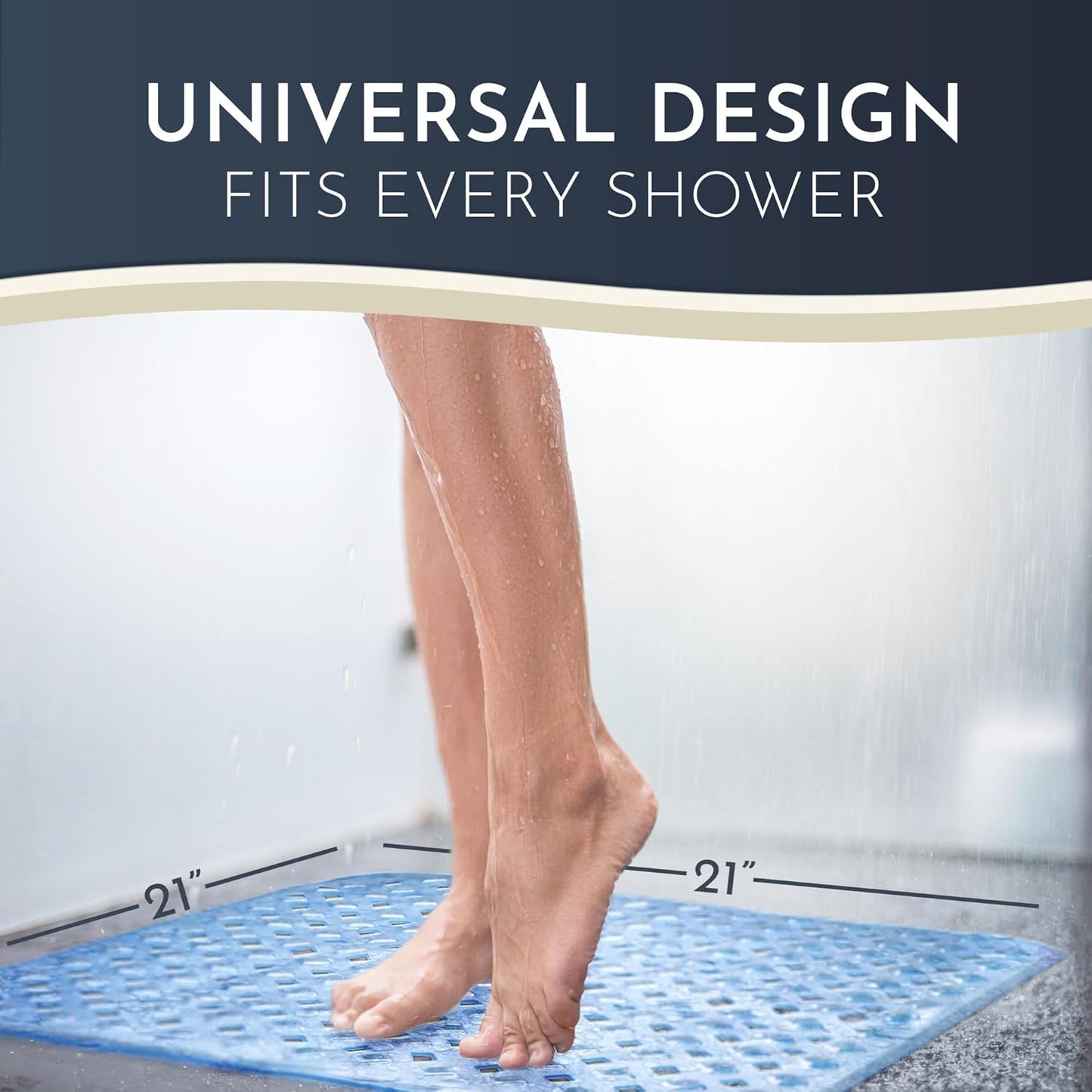Homerella Anti Slip Shower Mat | Anti Mold Non Slip Bathtub Mat for Inside Shower | Square Floor Shower Mat 21 x 21 inch with Suction Cups for Grip & Hooks Hanging and Quick Drying | Machine Washable