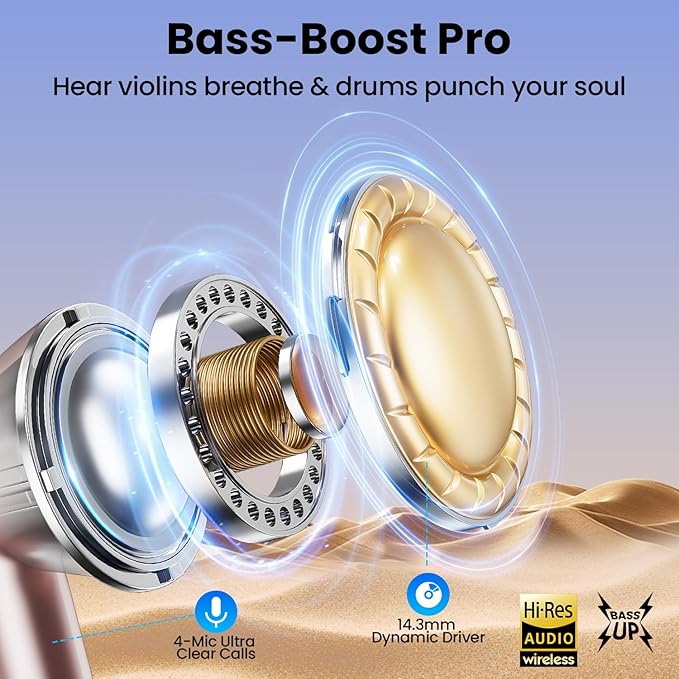 Wireless Earbuds, Bluetooth Headphones with Deep Bass Stereo, 48H Playback Ear Buds with LED Power Display Charging Case, IPX7 Waterproof in-Ear Earphones with Mic for iPhone, Android Phone, Rose Gold