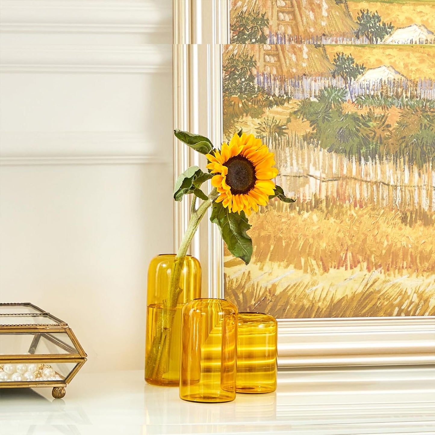 ZENS Glass Bud Vase Set of 3, Hand Blown Small Amber Bud Vases for Flower Decorative, Modern Cylinder Clear Glass Vase for Wedding,Living Room Home Décor