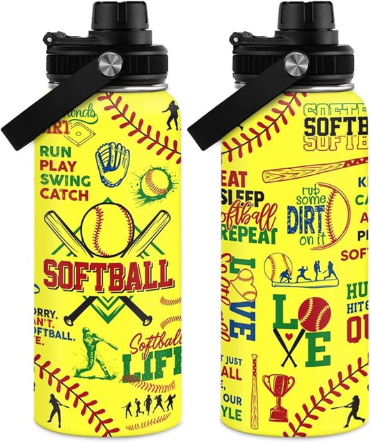 Softball Gift Water Bottle With Lid, 32oz Insulated Stainless Steel Sport Bottles - Gift for Softball Players Fan Coach