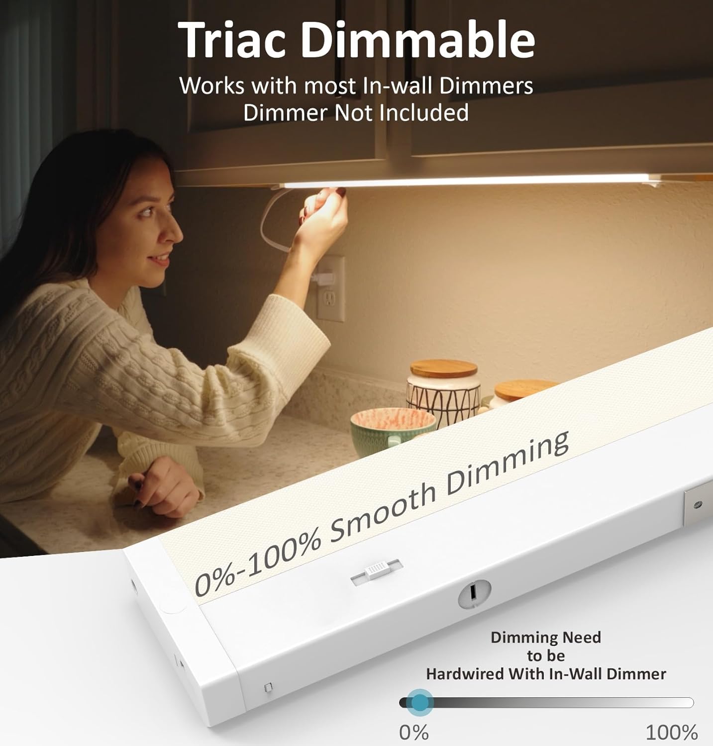 LED Under Cabinet Lighting Hardwired or Plug in, 24 Inch 12W, Dimmable 5 Color 2700K/3000K/3500K/4000K/5000K, Linkable Eyes Care Design Counter Lights for Kitchen, Sink, ETL Listed, White