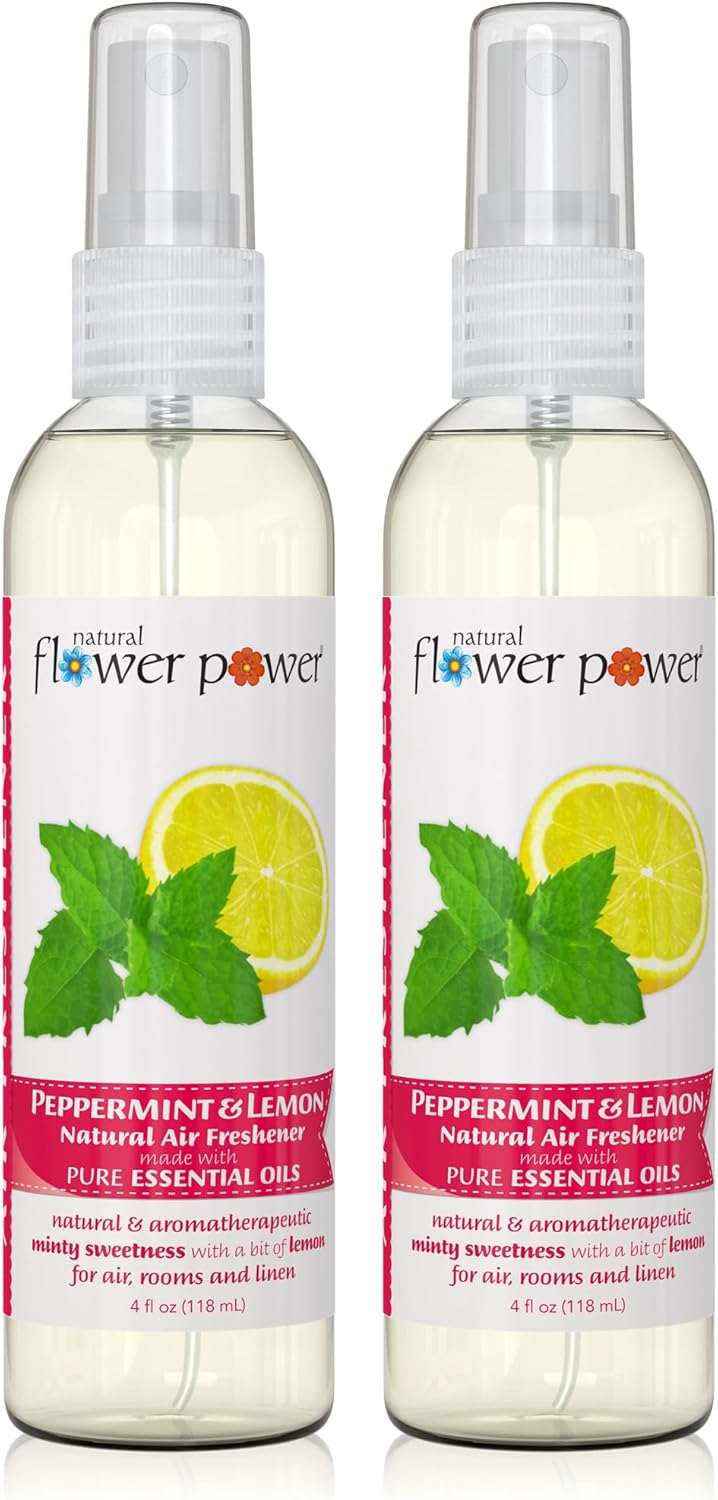 Natural Flower Power Air Freshener Spray - Odor Eliminator with Essential Oils for the Home, Car & Fabric - Cruelty Free & Vegan - Peppermint & Lemon - 2 x 4 oz
