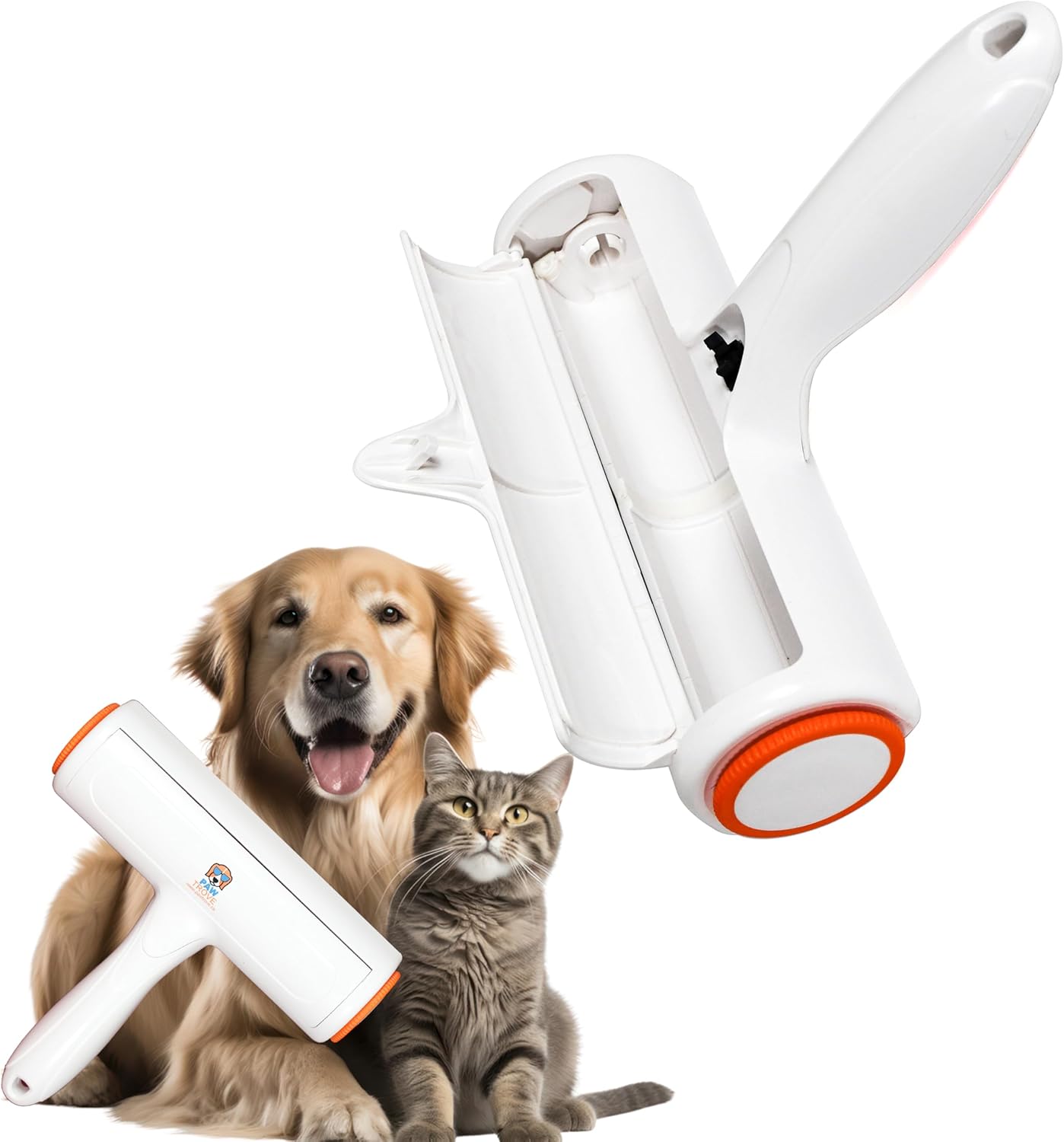 Roller Pet Hair Remover and Reusable Lint Roller - PAW TROVE Cat and Dog Hair Remover for Furniture, Couch, Carpet, Clothing and Bedding - Portable, Multi-Surface Fur Removal Tool.