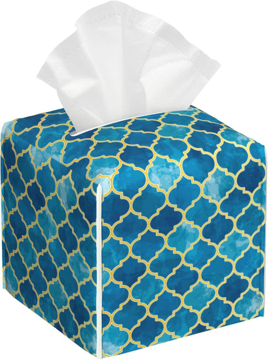 Tissue Box Holder Blue Moroccan Tile Tissue Box Cover Square Leather Tissue Holder Organizer Portable Decorative Facial Paper Case for Home Office Bathroom Vanity Countertop