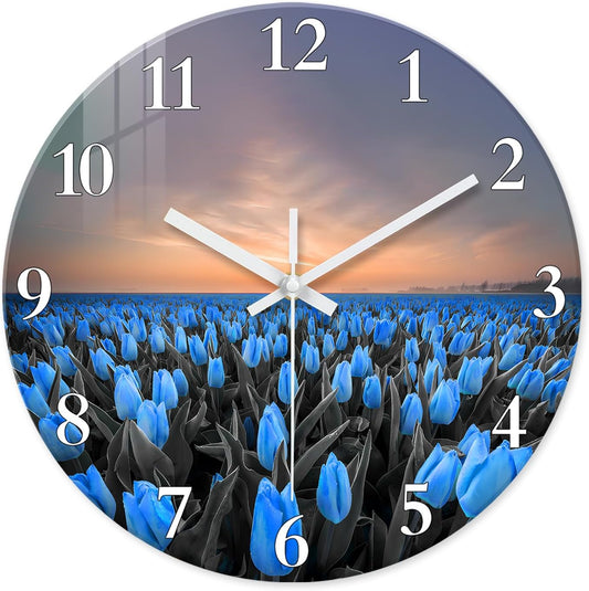 XFM Blue Tulips Glass Wall Clock 14 Inch Silent Non Ticking Battery Operated Clock Natural Flower Landscape Round Analog Clock for Kitchen Bedroom Decor