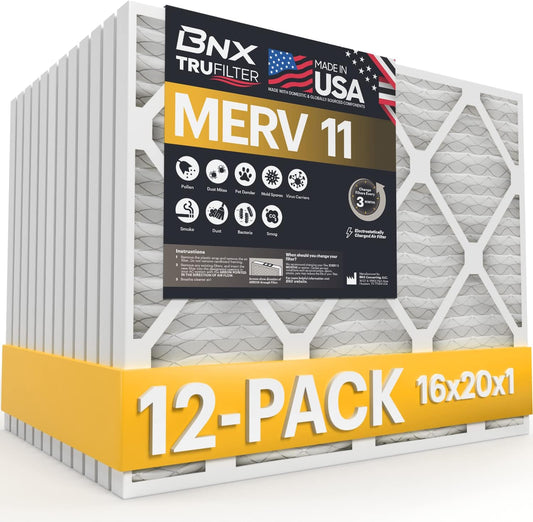 BNX 16x20x1 MERV 11 Air Filter 12 Pack - MADE IN USA - Electrostatic Pleated Air Conditioner HVAC AC Furnace Filters - Removes Dust, Mold, Pollen, Lint, Pet Dander, Smoke, Smog