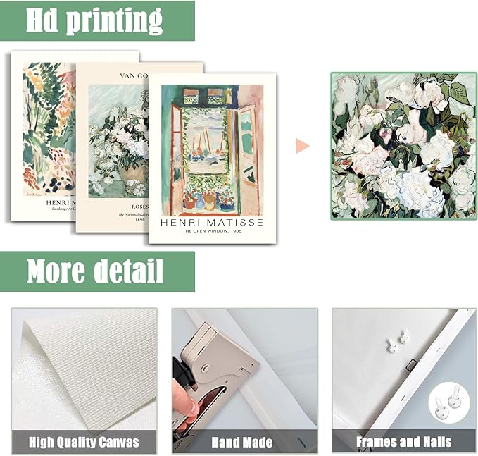 Sage Green Matisse Canvas Wall Art Set of 3 - Van Gogh Floral Pictures Wall Decor, Vintage Artwork Aesthetic Paintings Prints for Living Room Bedroom Bathroom 16x24 inch Framed