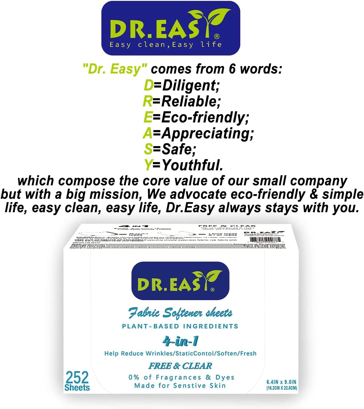 DR.EASY Dryer Sheets Plant Based Formula 504 Ct Fabric Softener sheets for Laundry Free & Clear Essential Oil Scented No Artificial Fragrances No Dyes Reduce Static & Wrinkles Help Repel Pet Hair