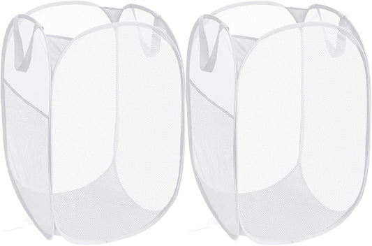 2 Pack Durable Collapsible Laundry Baskets - Reinforced Mesh Pop Up Laundry Hamper with Pocket, Foldable Dirty Clothes Hamper with Carry Handles for Laundry, Bathroom, Kids Room, Dorm or Travel White