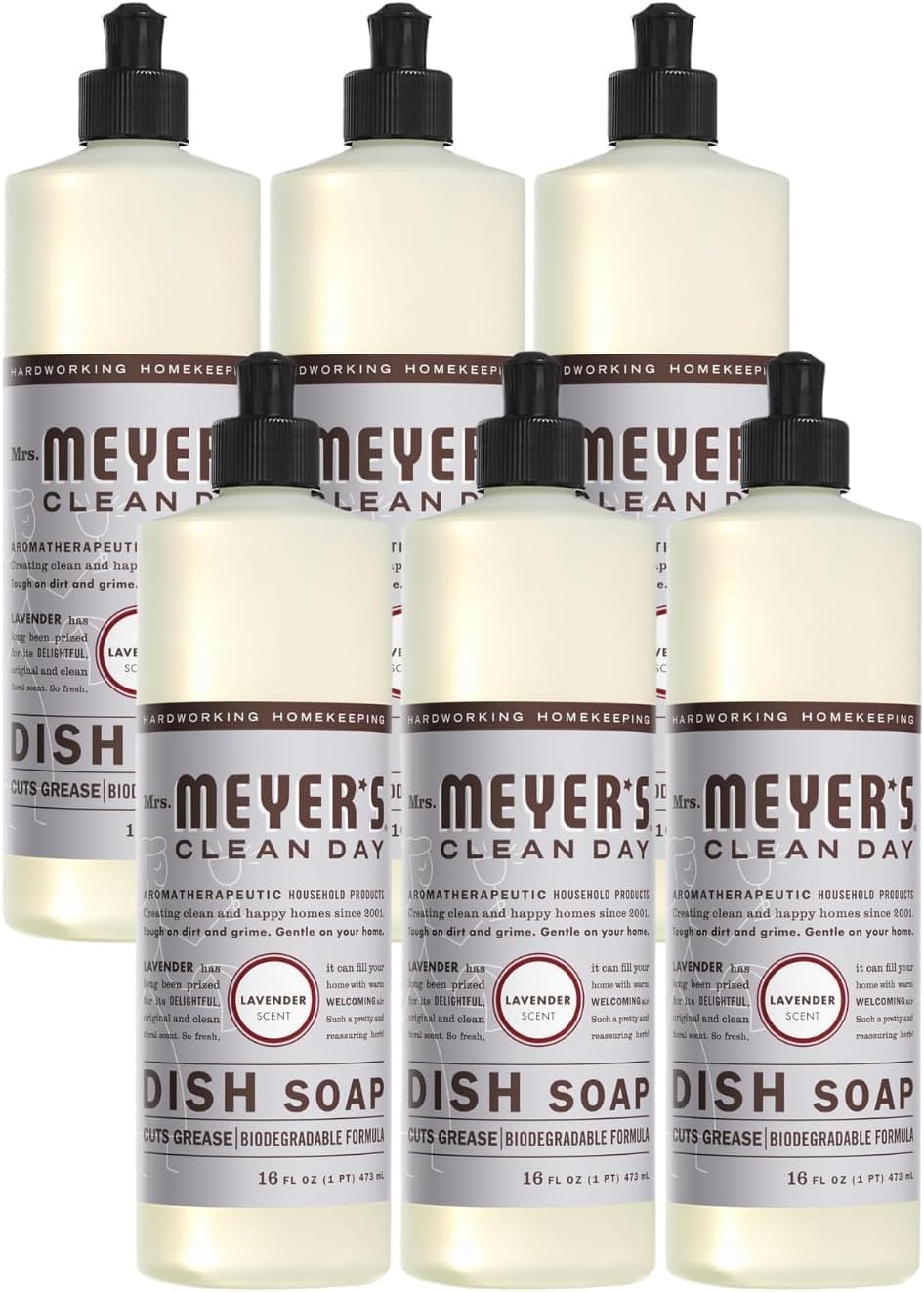 MRS. MEYER'S CLEAN DAY Liquid Dish Soap, Cruelty Free Formula, Lavender Scent, 16 oz- Pack of 6