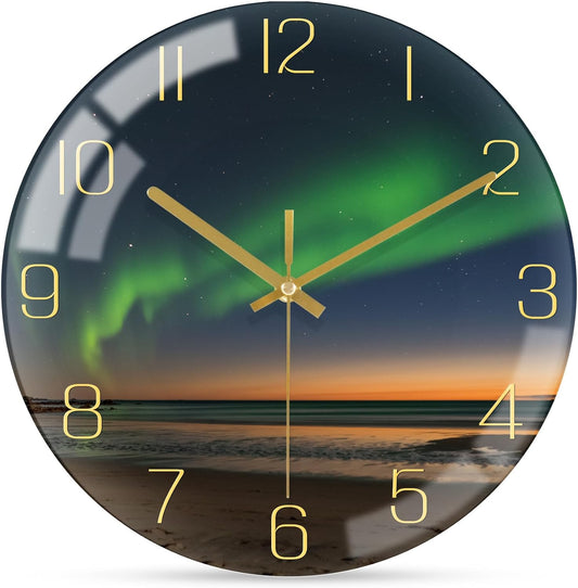 10 Inch Northern Lights Wall Clock, Silent Non Ticking Battery Operated Clocks Decorative, Black and Gold Glass Wall Clocks for Living Room Bathroom Kitchen Bedroom Office