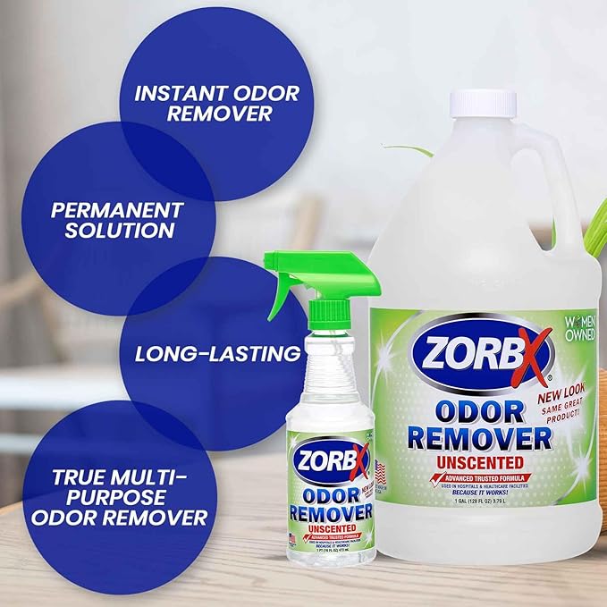 ZORBX Unscented Odor Eliminator for Strong Odor 16 Oz + 128 Oz - Used in Hospitals & Healthcare Facilities - Advanced Trusted Formula, Fast-Acting Odor Remover Spray for Dog, Cat, House & Carpet