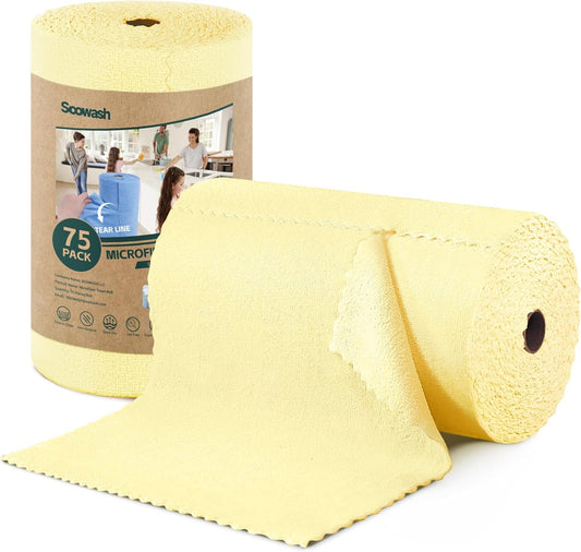 Microfiber Cleaning Cloths Roll, 75 Pack Tear Away Microfiber Towels Roll, 12" x 12" Lint Free Rags, Reusable Cleaning Cloths, Washable, Scratch Free,Ultra Absorbent Dish Rags(Yellow)