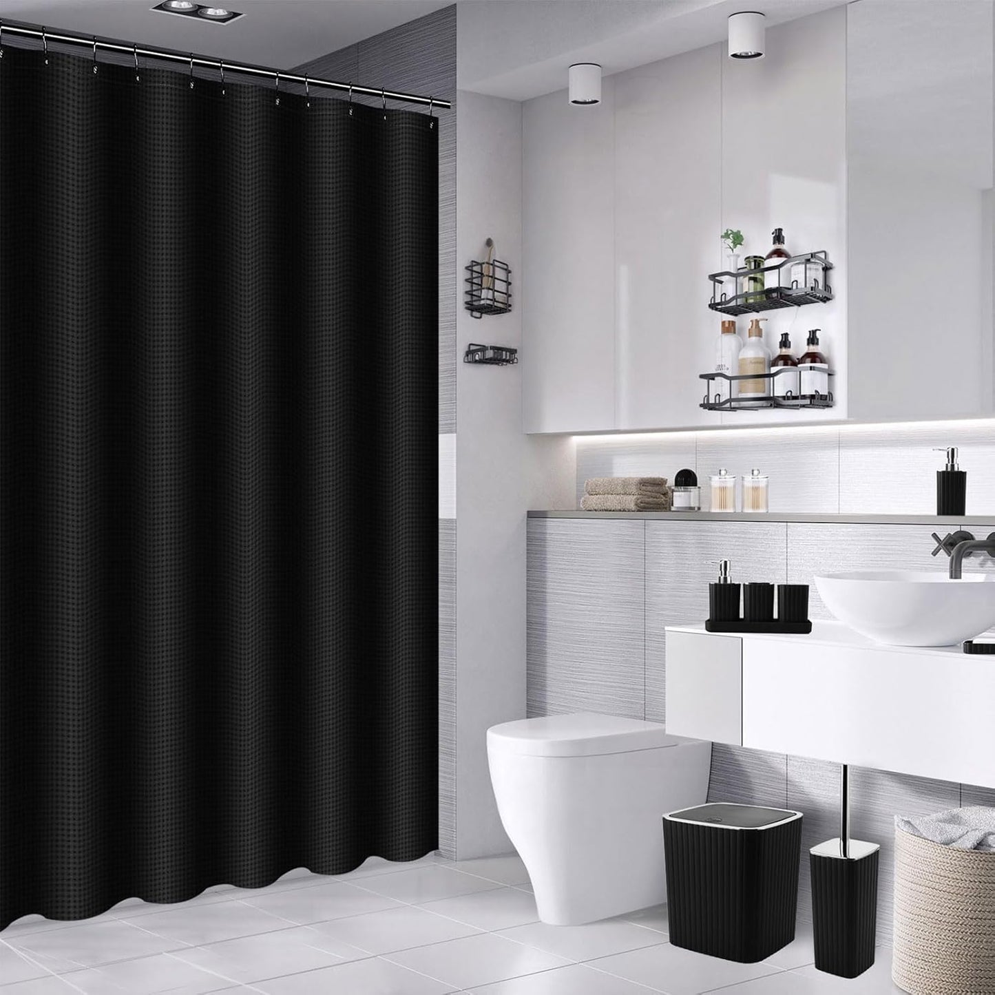 28PC Bathroom Set - Gorgeous Black Bathroom Set, Bathroom Accessory Set, Black Shower Curtain Set with Shower Caddy