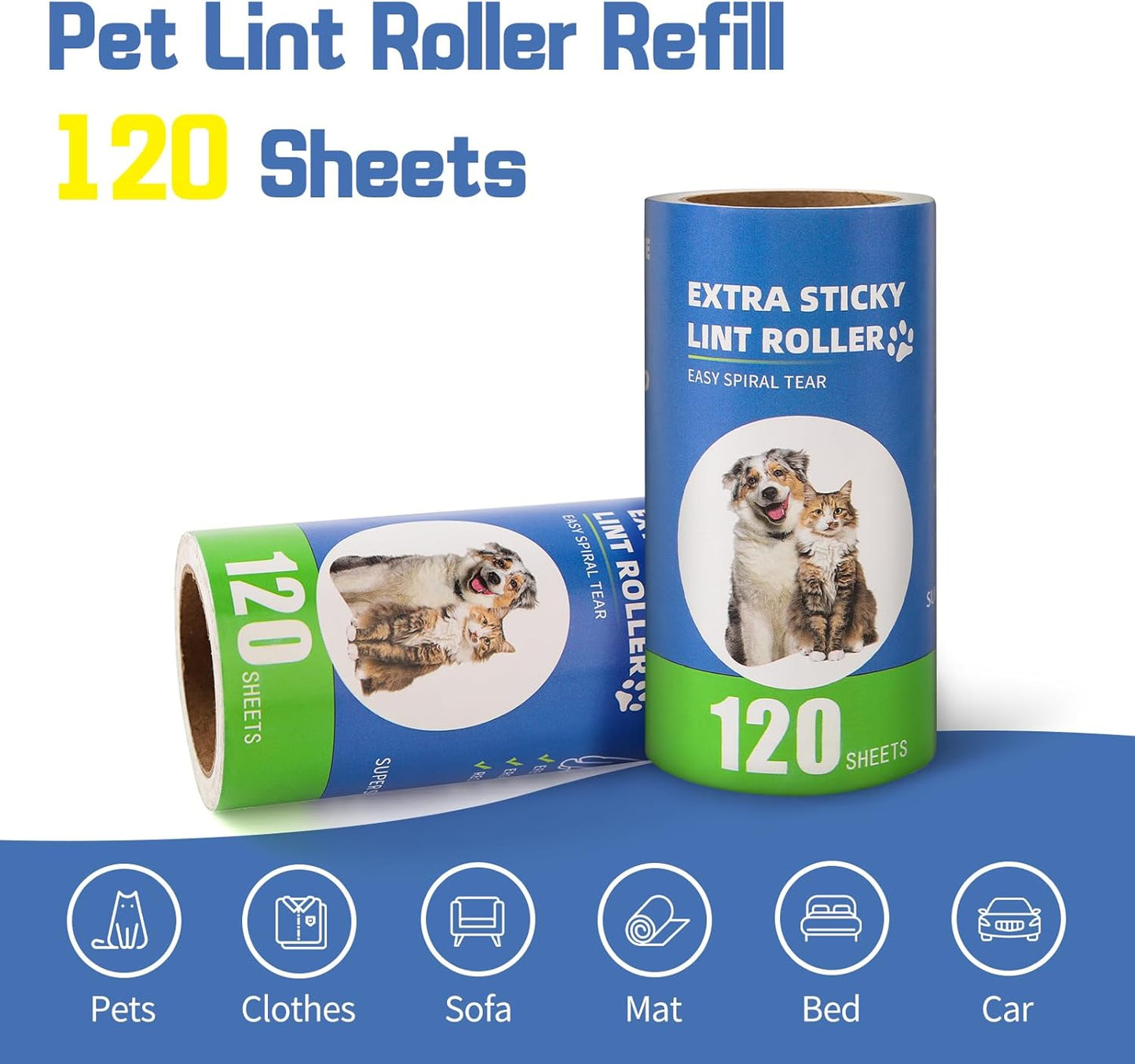 Extra Sticky Lint Roller Refills 6 Pack (720 Sheets) fit 3.8"-4" Standard Size Lint Roller Sticker with Handle, Inner Diameter at 1.5" for Pet Hair, Clothes, Furniture, Cars