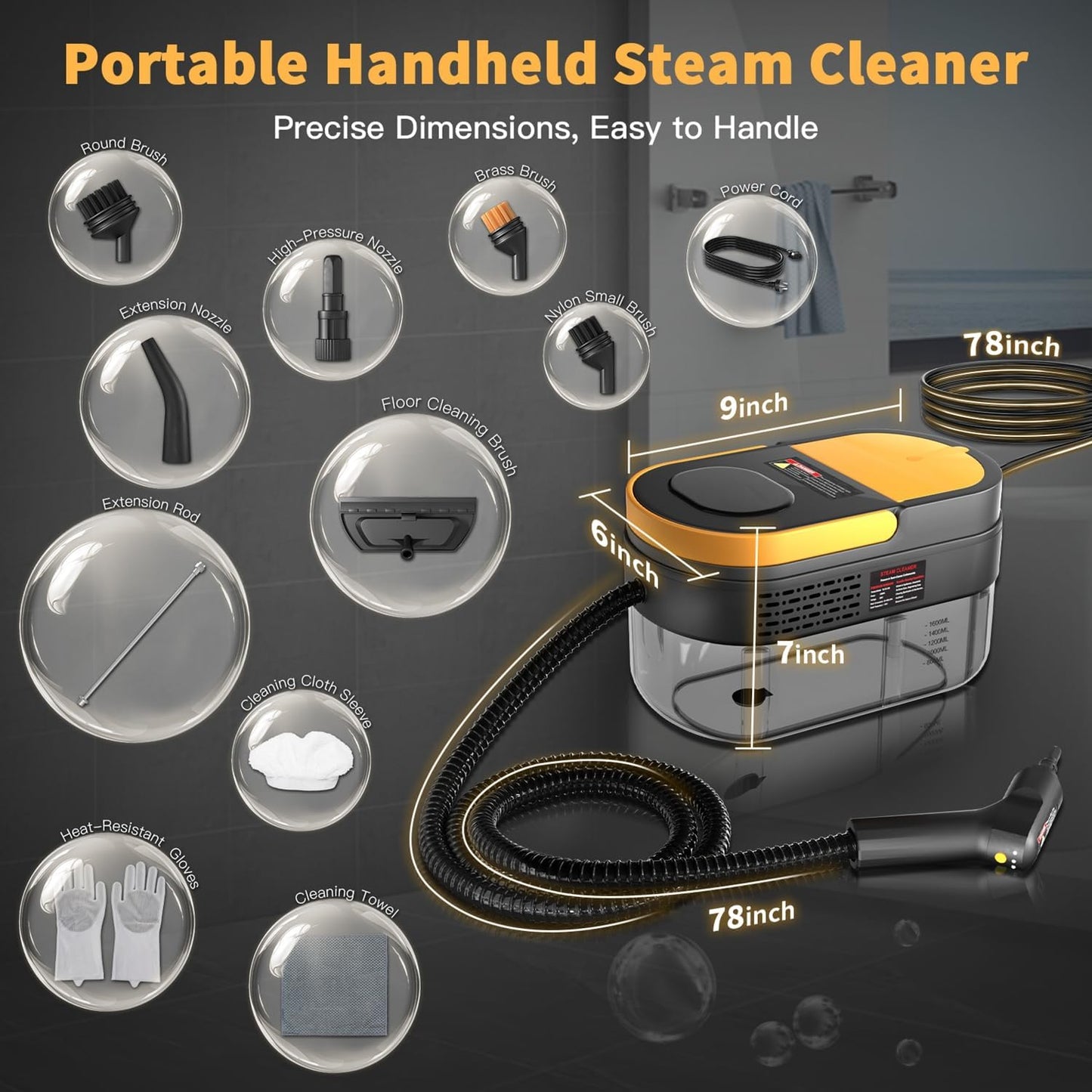 Steam Cleaner, 3-Level Adjustable Handle, 15s Heat-Up, 1.69 Quarts Tank, Portable Steamer for Cleaning with 15 pcs Accessories, Steam Cleaner for Home for Dirt, Grease, Grout, Tile,Floor, Car