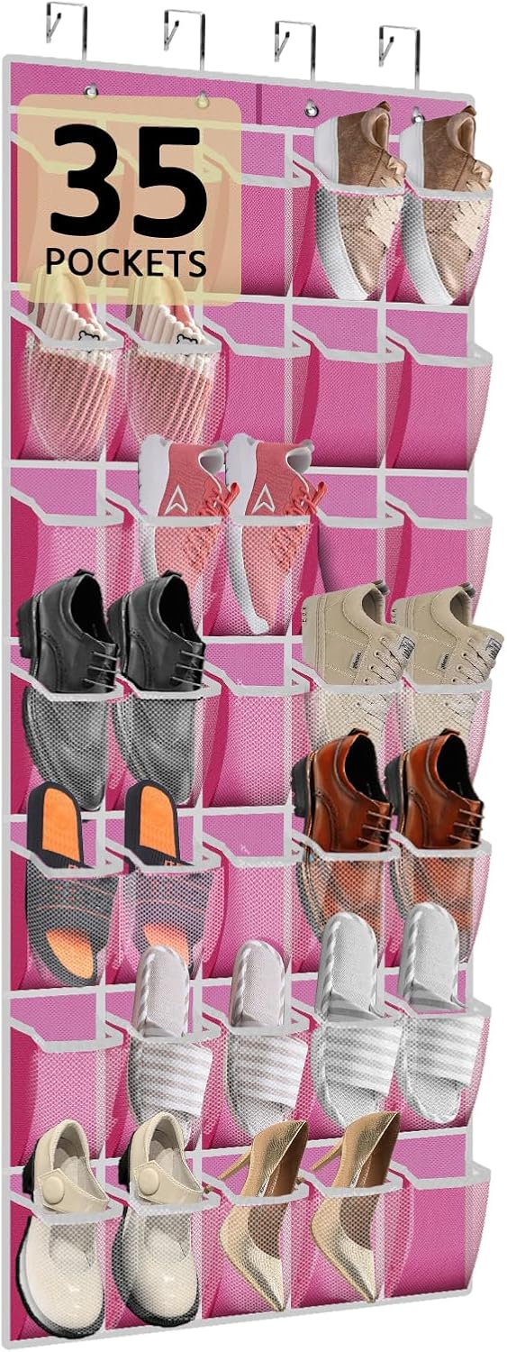 35 Pocket Over the Door Shoe Organizer,Reusable Breathable Large Mesh Bag Men's & Women's Sneaker Organizer,Shoe Organizer for Kids,Hanging Shoe Storage Hanging Bag (Pink)
