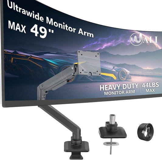 WALI Single Monitor Gas Spring Desk Mount, Heavy Duty Monitor Arm for Ultrawide Screen up to 49 inch, 44 lbs with USB. Fully Adjustable, Mounting Holes 75 and 100 (GSMU001XL), Black