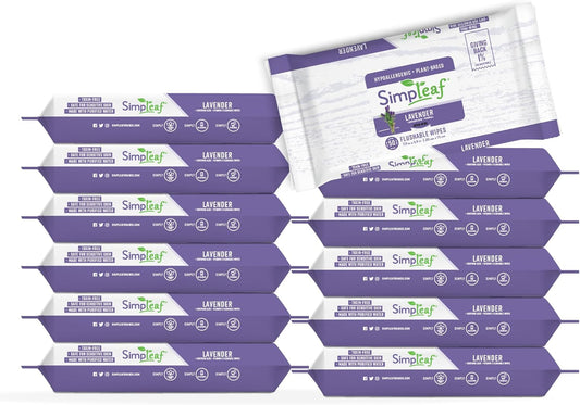 Simpleaf Flushable Wet Wipes Lavender | Plastic Free, Paraben & Alcohol Free | Hypoallergenic & Safe for Sensitive Skin | Soothing Aloe Formula | Adult Toilet Wipes (12 x 50 Counts Pack) 600 Counts