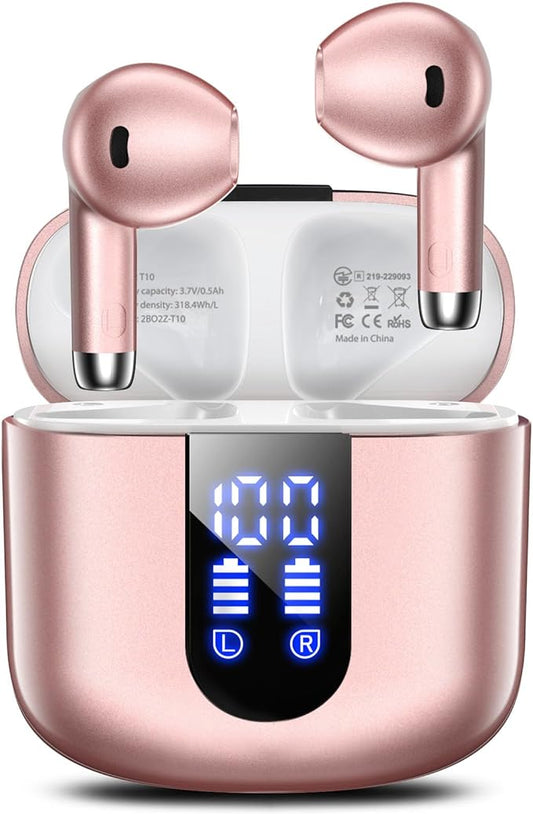 Wireless Earbuds, Bluetooth Headphones with Deep Bass Stereo, 48H Playback Ear Buds with LED Power Display Charging Case, IPX7 Waterproof in-Ear Earphones with Mic for iPhone, Android Phone, Rose Gold