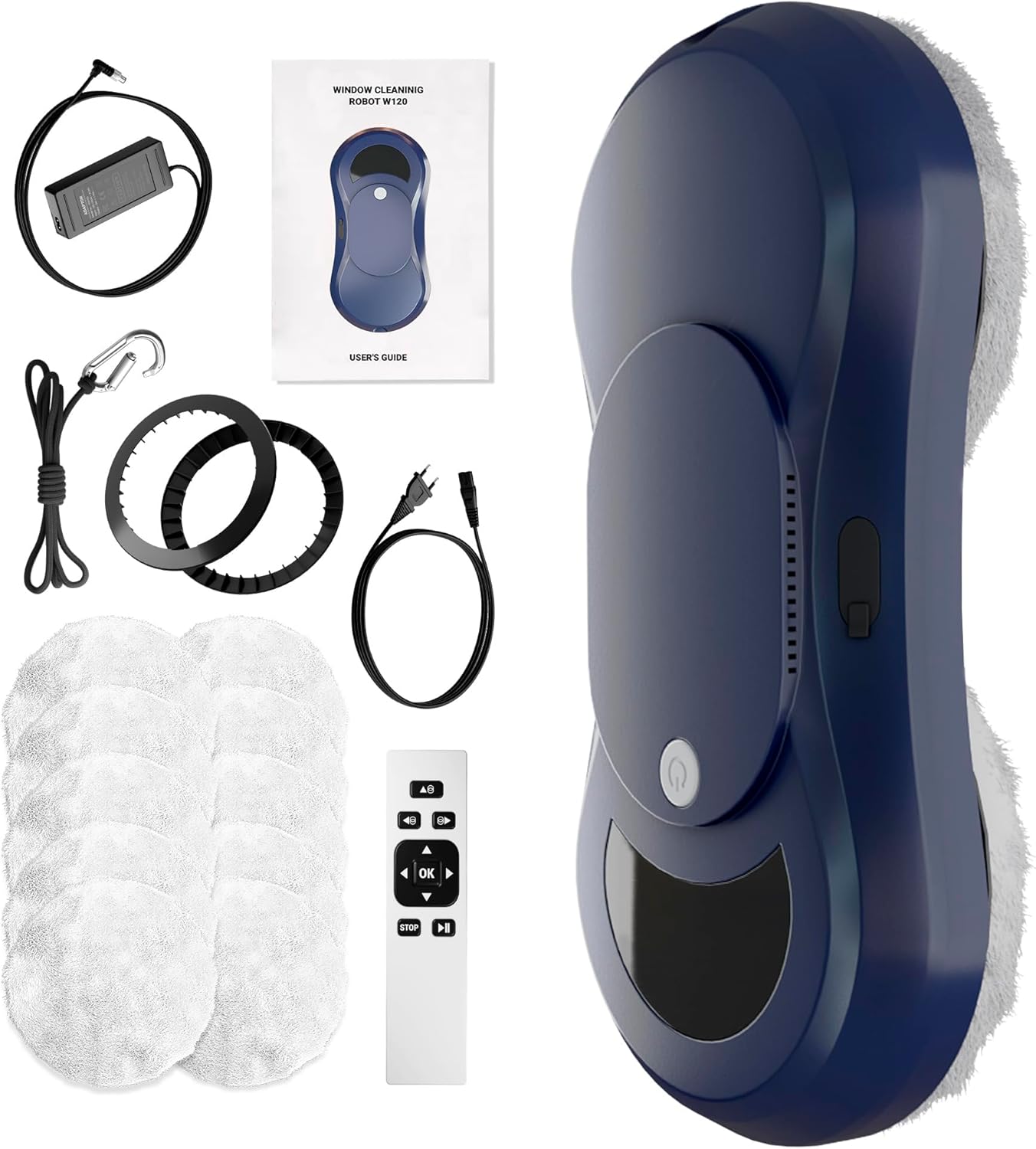 Dark Blue Automatic Window Cleaner Robot W250, 11.6 x 5.7 x 2.7 Inch with 30 ml Automatic Water Spray and 10 Cloth Pads. Window Vacuum Cleaner for Windows. Automatic Glass Cleaner Vacuum