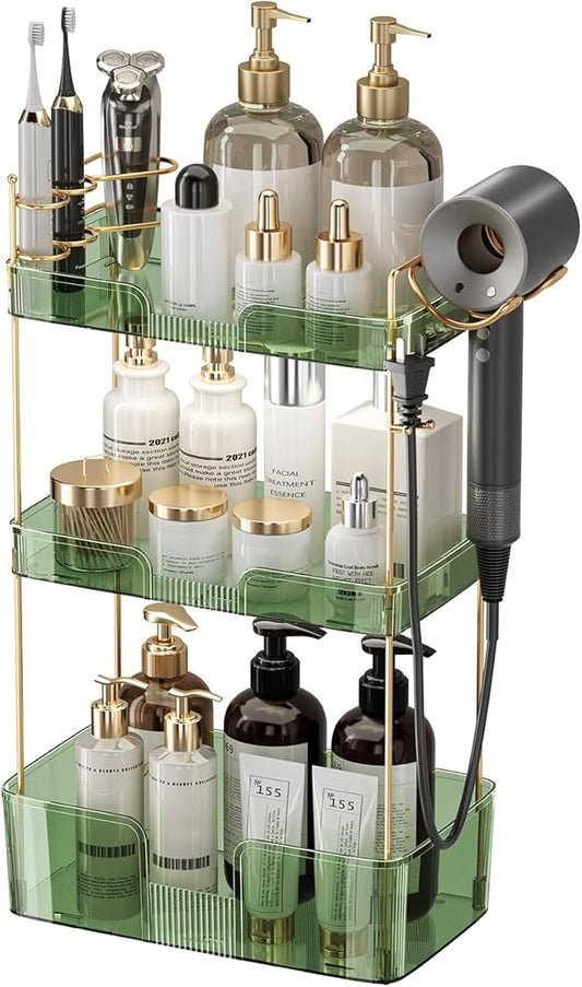Aveniee Bathroom Counter Organizer,3 Tier Skincare Perfume Countertop Storage with Hair Dryer Rack and Toothbrush Holder, Cosmetic Makeup Tray for Vanity - Green