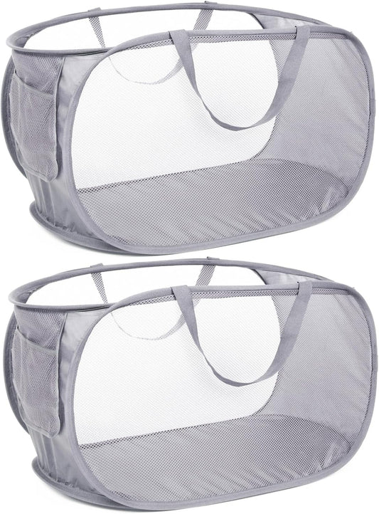 2 Pack Durable Collapsible Laundry Baskets - Reinforced Mesh Pop Up Laundry Hamper with Pocket, Foldable Dirty Clothes Hamper with Carry Handles for Laundry, Bathroom, Kids Room, Dorm or Travel Grey