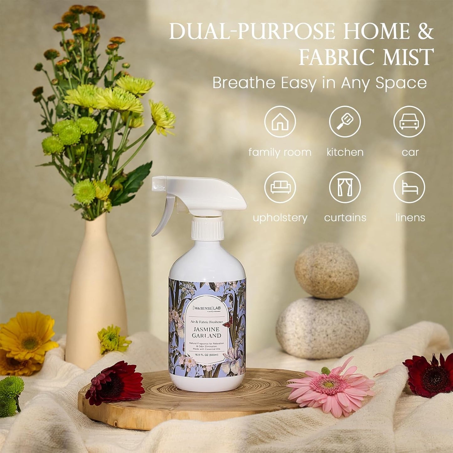 M&SENSE Air & Fabric & Pet Odor Eliminator Spray - 16.9oz Large Size Natural Safe Air Freshener Jasmine Scented Deodorizer for Home Eliminates Smoke Musty Smells, Calming Scent for Bedtime Relaxation