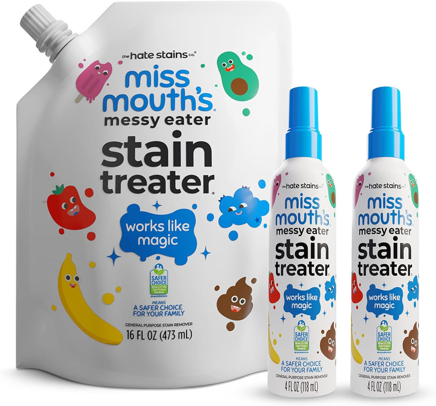 Miss Mouth’s Messy Eater Stain Treater Refill Ready Kit - 2 Pack Stain Remover Spray and 16oz Refill Pouch - Newborn & Baby Essentials - Food, Grease, Coffee Off Laundry, Underwear, Fabric