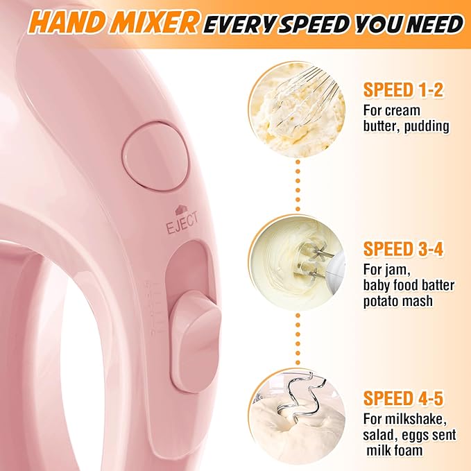 Handmixer Electric Handheld - 7 Speed Portable Kitchen Mixer Electric with 5 Stainless Steel Accessories Whisk, Food Beater for Whipping Mixing Cookies Cakes Eggs, Pink