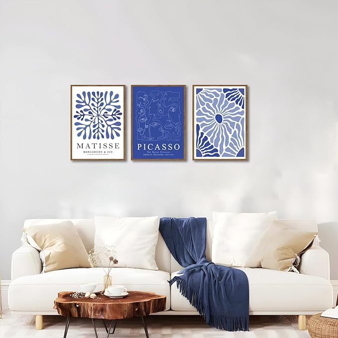 Blue Matisse Canvas Wall Art Poster Set of 3, Picasso Abstract Line Wall Decor Paintings Prints, Modern Minimalist Pictures Aesthetic Home Decor for Living Room Bedroom Office 12x16 inch Unframed