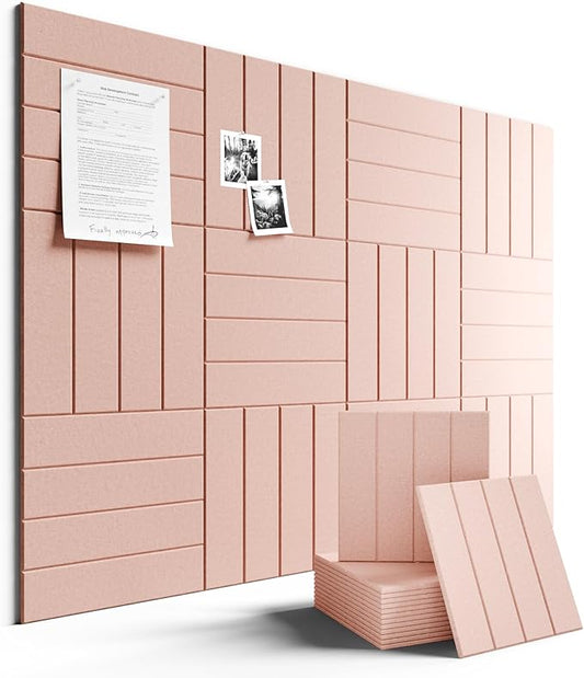 Felt Bulletin Board Tiles Large 48" x 36" Cork Board Alternative-12 Pack with 70 Adhesive Tabs, Thick Slat Wall Panels for Office Decor, Push Pin Board Wall Organizer Alternative -Pink