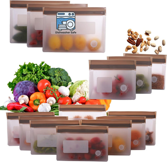 Reusable Food Storage Bags – 14-Pack Stand-Up, BPA-Free, Freezer, Dishwasher Safe & Eco-Friendly – 3 L, 8 M, 3 S Bags – Airtight Leakproof, Sandwich, Snack, and Meal Prep Baggies (Grey)