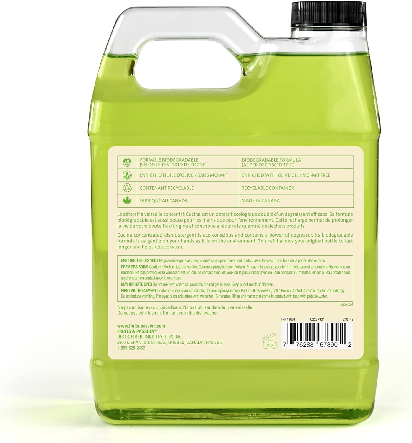 Fruits & Passion Cucina Concentrated Dish Soap Refill, Lime Zest & Cypress Tree, Gentle Liquid Dishwashing Detergent with Olive Oil, Vegan & Eco-Friendly Formula, 1 Liter (33.8 fl oz)