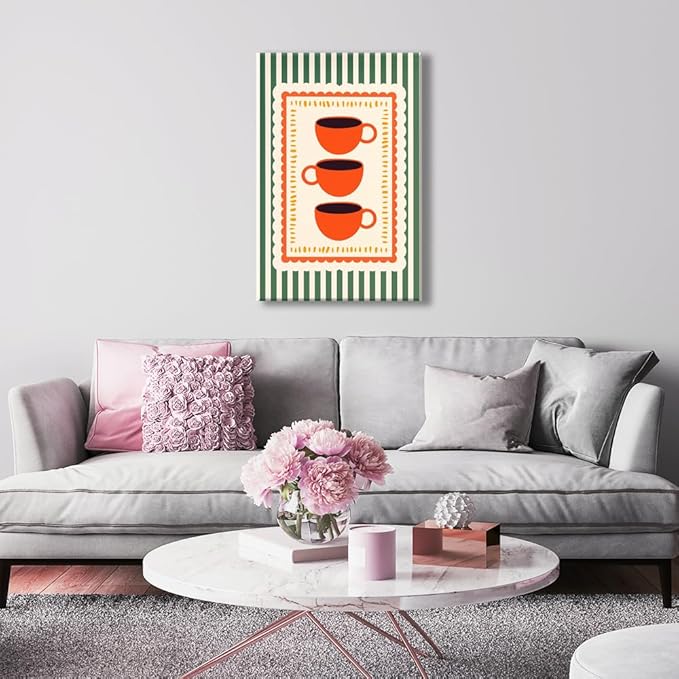 Vintage Orange Italian Espresso Coffee Cups Canvas Prints Posters Modern Green Striped Preppy Kitchen Wall Art Retro Colorful Minimalist Drink Aesthetic Pictures Decor for Cafe Bar 20x30inch Unframed