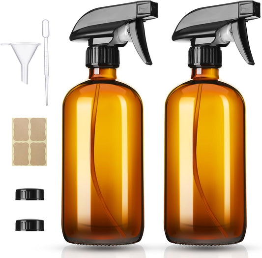 Vitreaux 2 Pack Amber Glass Spray Bottles,16oz Glass Spray Bottles Refillable Empty Containers with Adjustable Nozzle,Spray Bottle for Cleaning,Pets, Aromatherapy,Hair Mister,Squirt and Mist Setting
