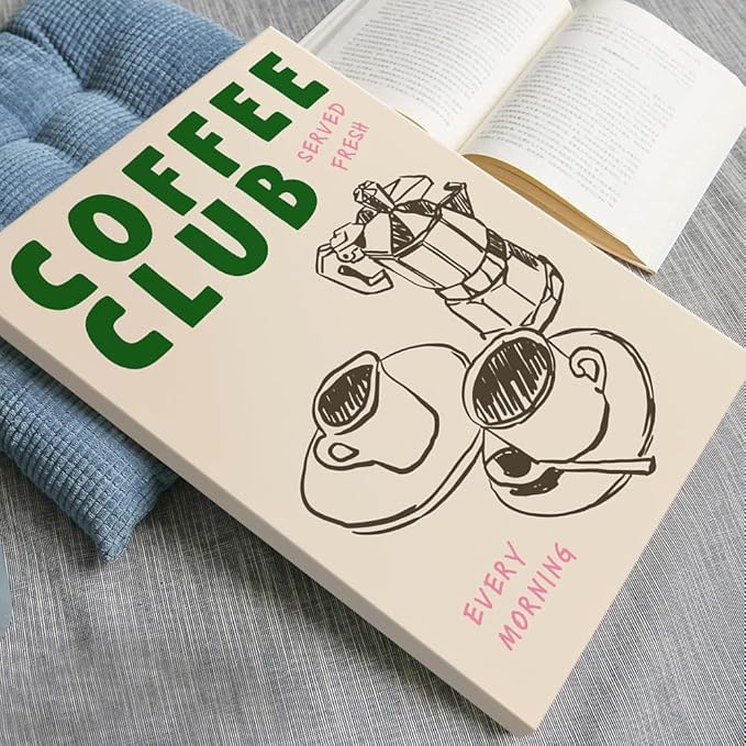 Vintage CoffeeClub Wall Art Served Fresh Every Morning Sign Canvas Print Poster Sketch Moka Pot And Cups Minimalist Home Decor Aesthetic Pictures for Kitchen Bar Cafe Dining Room 24x36inch Framed