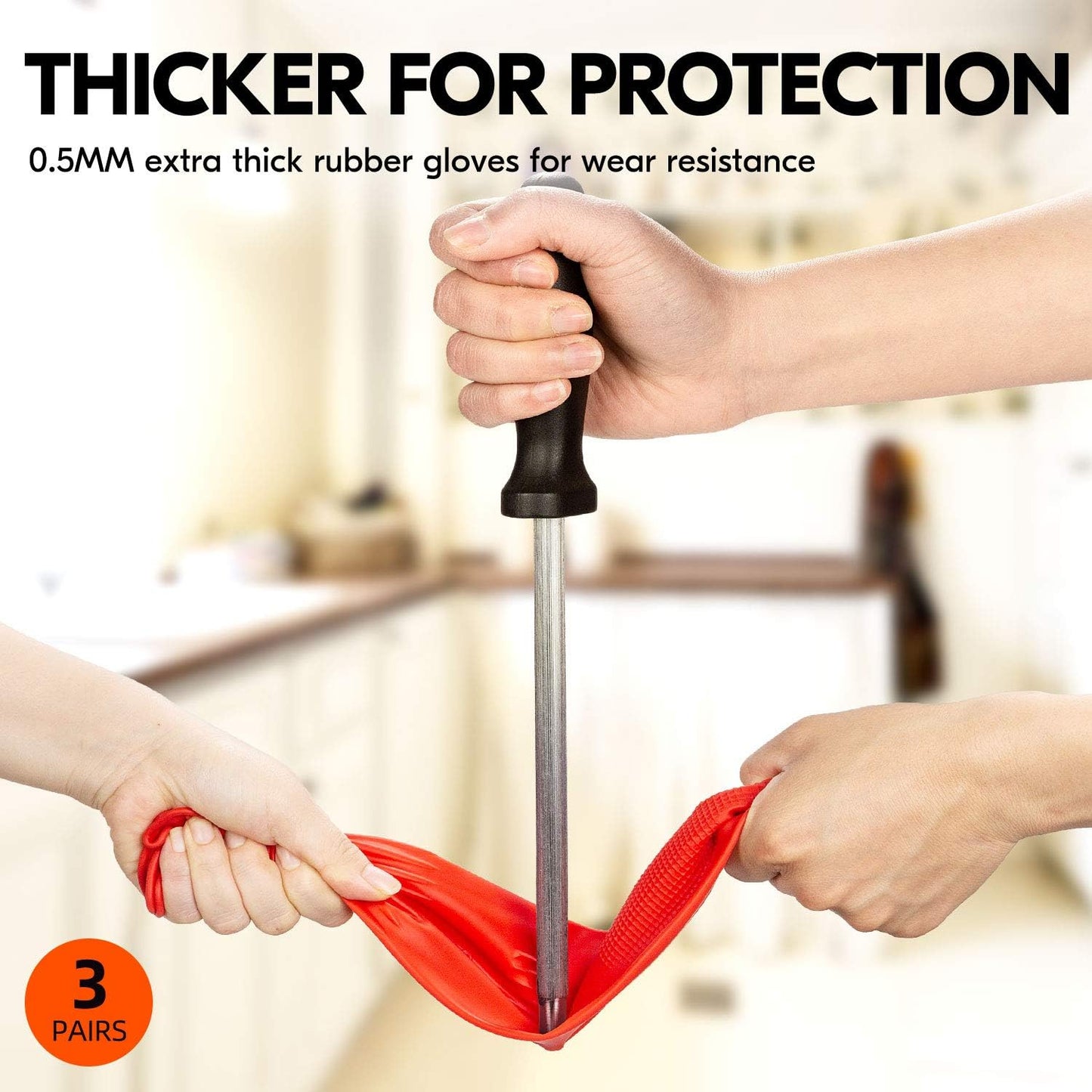 Vgo... 3-Pairs Dishwashing Gloves, Reusable Household Gloves, Long Sleeve, Thick Latex, Cleaning, Washing, Working, Painting, Gardening, Pet Care (Size M, Red, RB2143)