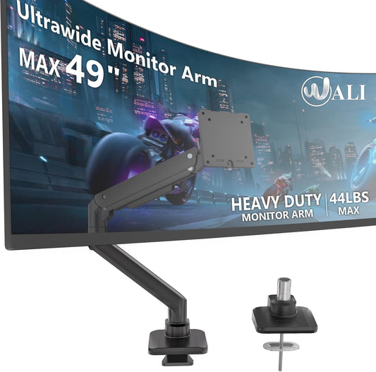 WALI Ultrawide Monitor Arm for 17 to 49 Inch Heavy Duty Curved Screens, Holds 44 Lbs, Adjustable Gas Spring Single Monitor Desk Mount for Samsung Odyssey G9, 75x75/100x100 VESA (GSM001XL-P), Black