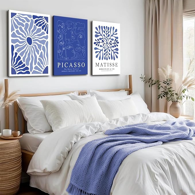 Framed Picasso Matisse Canvas Wall Art Set of 3 – Blue Abstract Line Poster Wall Decor Paintings Prints, Modern Minimalist Pictures Aesthetic Home Decor for Living Room Bedroom Office 16x24 inch