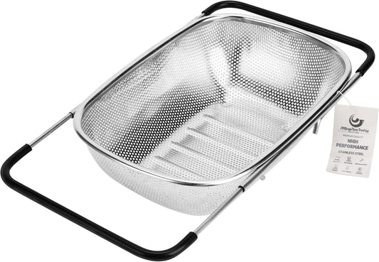 ZDRongZhen Kitchen Accessories Over the Sink Colander Strainer Basket，Stainless Steel Colander with Expandable Rubber Grip Sink Drainer-Rinse Vegetables Fruits &Strain&Drain (Medium-Dense round hole)