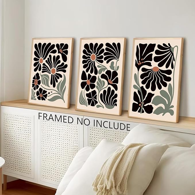 Hwetui Boho Wall Art Set of 3 Abstract Black flowers Plant Poster Vintage Green Floral Canvas Prints Neutral Home Decor Aesthetic Bohemian Artwork Painting Pictures for living room16''x24''Unframed