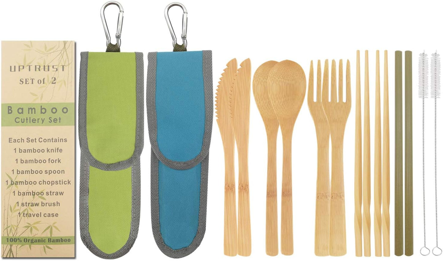 UPTRUST 2 Set Bamboo Cutlery Set Bamboo Travel Utensil Reusable Table cutlery Fork Knife Spoon Chopsticks Straw Cleaning Brush for Travel Picnic School Office（Skyblue& Green）