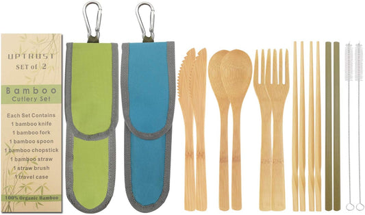 UPTRUST 2 Set Bamboo Cutlery Set Bamboo Travel Utensil Reusable Table cutlery Fork Knife Spoon Chopsticks Straw Cleaning Brush for Travel Picnic School Office（Skyblue& Green）