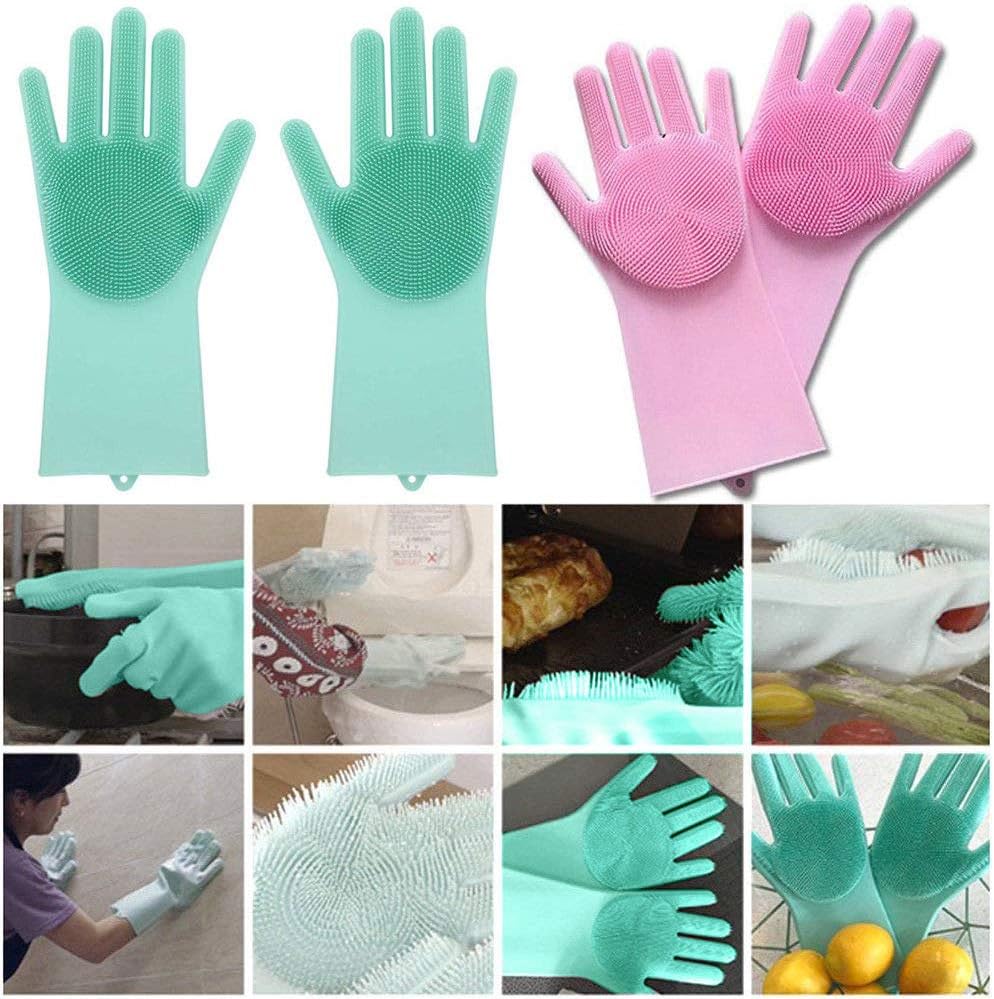 Silicone Dishwashing Gloves, Pet Grooming Rubber Scrubbing for Dishes, Sponge Wash Cleaning with Scrubbers (13.6" L)