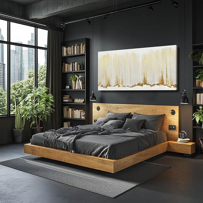 WINKAILIN Large Beige Pictures Wall Decor for Living Room Textured Wall Art for Home Modern Artwork Gold Line Art for Walls 29"x 58" Dining Room Decoration