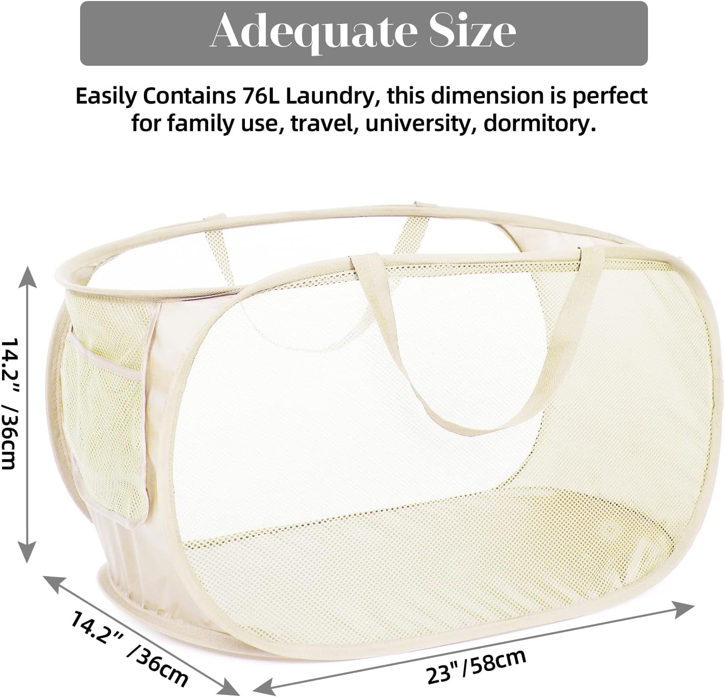 2 Pcs Durable Collapsible Laundry Baskets - Reinforced Mesh Pop Up Laundry Hamper with Pocket, Foldable Dirty Clothes Hamper with Carry Handles for Laundry, Bathroom, Kids Room, Dorm or Travel Beige