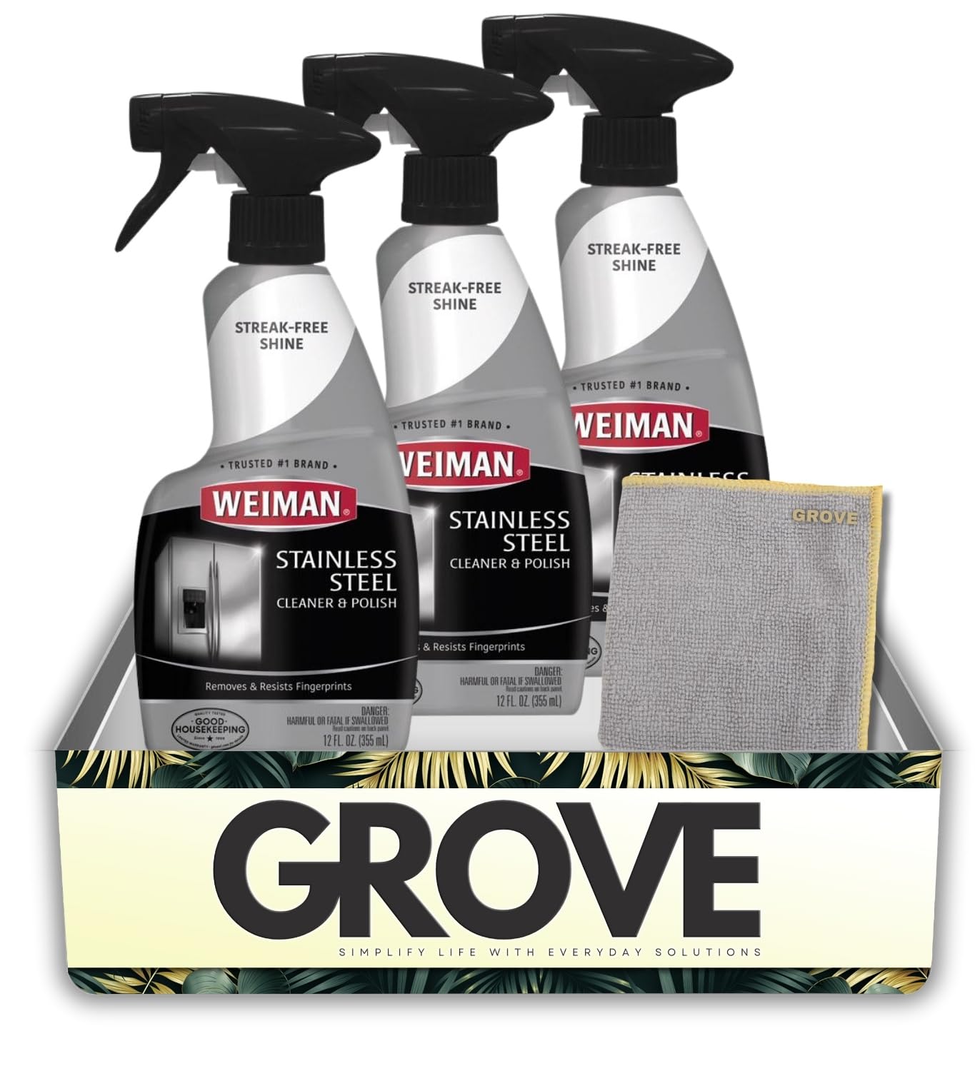 Weiman Floral Scent Stainless Steel Cleaner & Polish 12 oz Liquid Bundle with Microfiber Cloth – Cleans and Polishes Appliances and Sinks – Gift Set (4 Items)