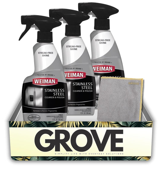 Weiman Floral Scent Stainless Steel Cleaner & Polish 12 oz Liquid Bundle with Microfiber Cloth – Cleans and Polishes Appliances and Sinks – Gift Set (4 Items)
